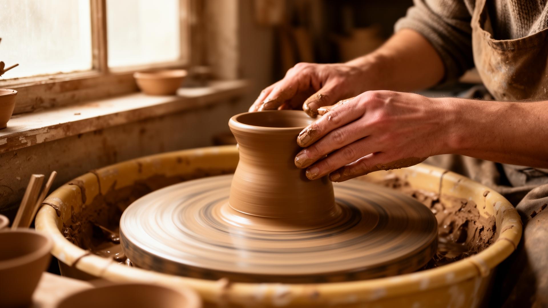 Potter shaping clay on a wheel at Clay Broussard Pottery Studio