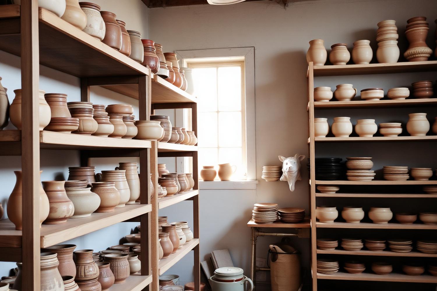 Finished pottery arranged on studio shelves