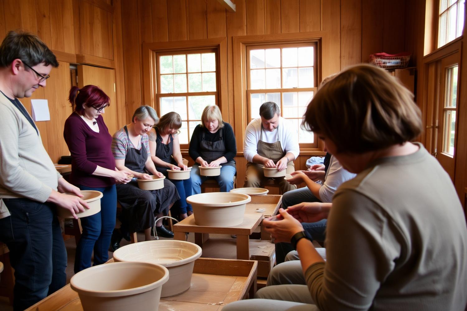Small pottery workshop table with clay tools