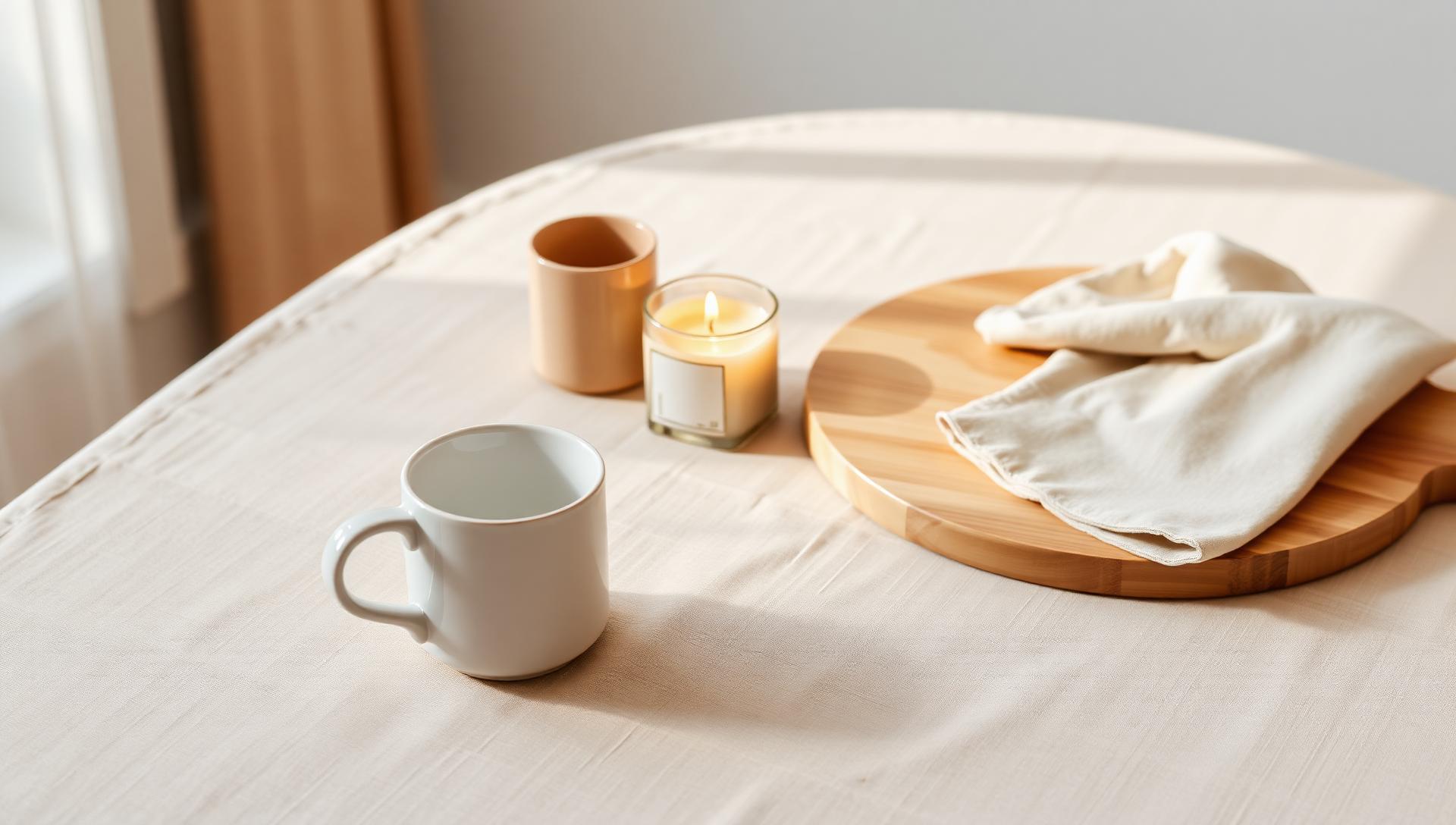 A warm flat lay of ceramic mugs, a soy candle, linen napkins and a wooden cutting board